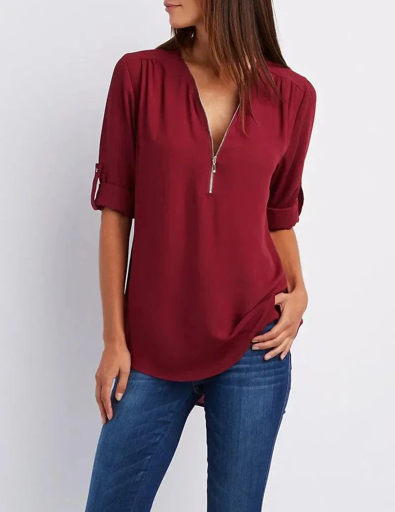 Top met diepe V-hals en halve rits – Elegant, Comfortabel en Veelzijdig