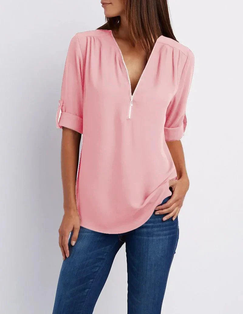 Top met diepe V-hals en halve rits – Elegant, Comfortabel en Veelzijdig