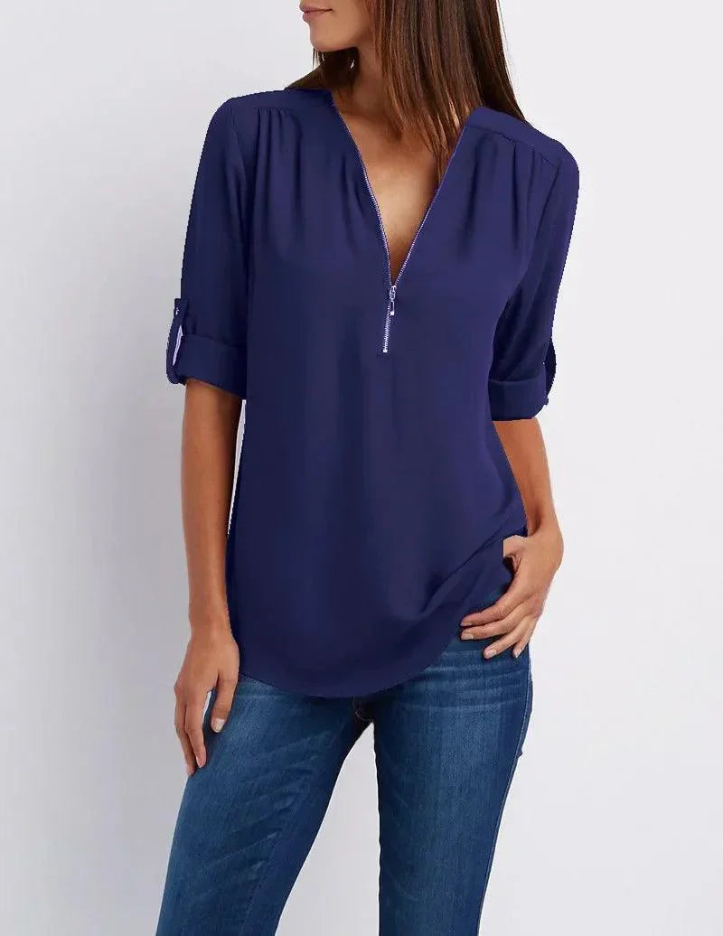 Top met diepe V-hals en halve rits – Elegant, Comfortabel en Veelzijdig