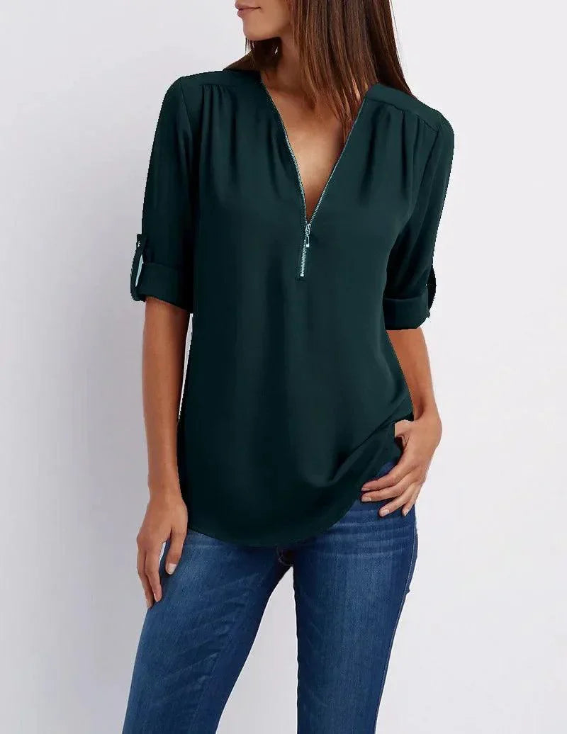 Top met diepe V-hals en halve rits – Elegant, Comfortabel en Veelzijdig