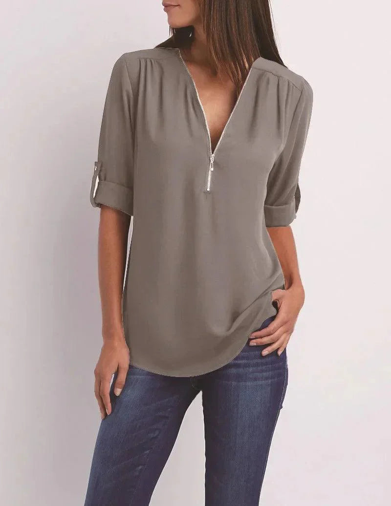 Top met diepe V-hals en halve rits – Elegant, Comfortabel en Veelzijdig