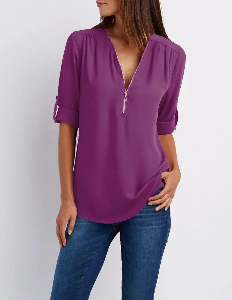 Top met diepe V-hals en halve rits – Elegant, Comfortabel en Veelzijdig