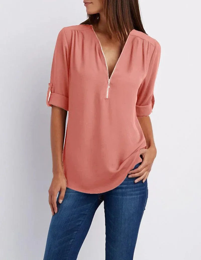 Top met diepe V-hals en halve rits – Elegant, Comfortabel en Veelzijdig