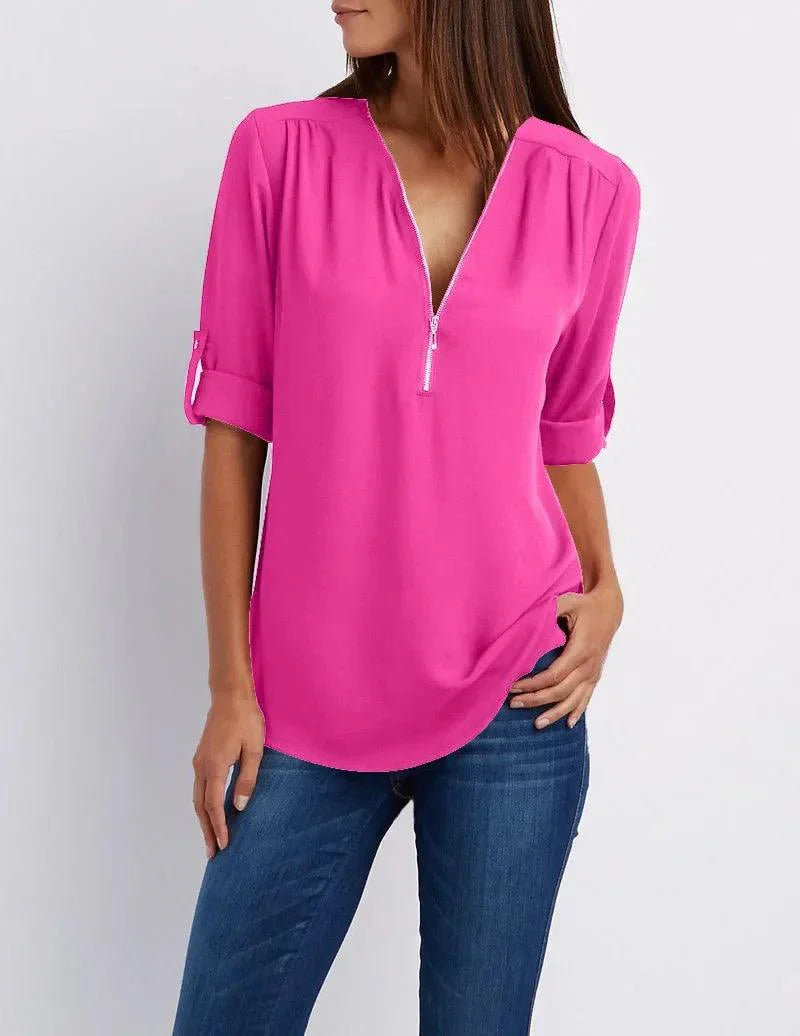 Top met diepe V-hals en halve rits – Elegant, Comfortabel en Veelzijdig