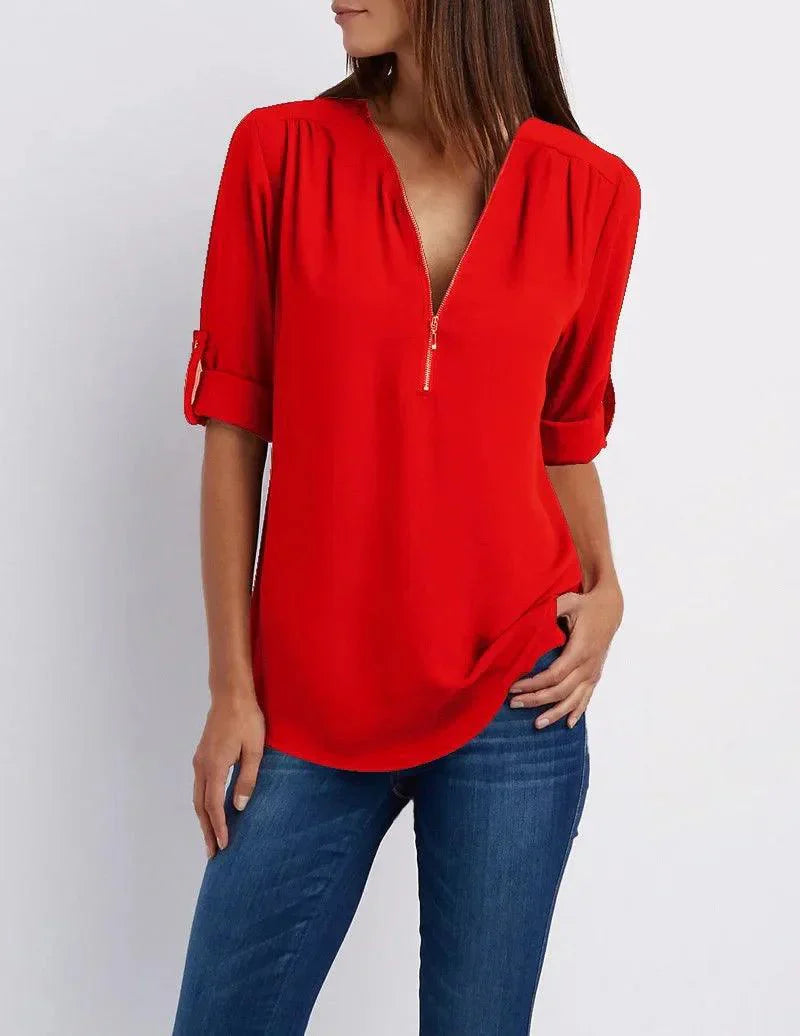 Top met diepe V-hals en halve rits – Elegant, Comfortabel en Veelzijdig