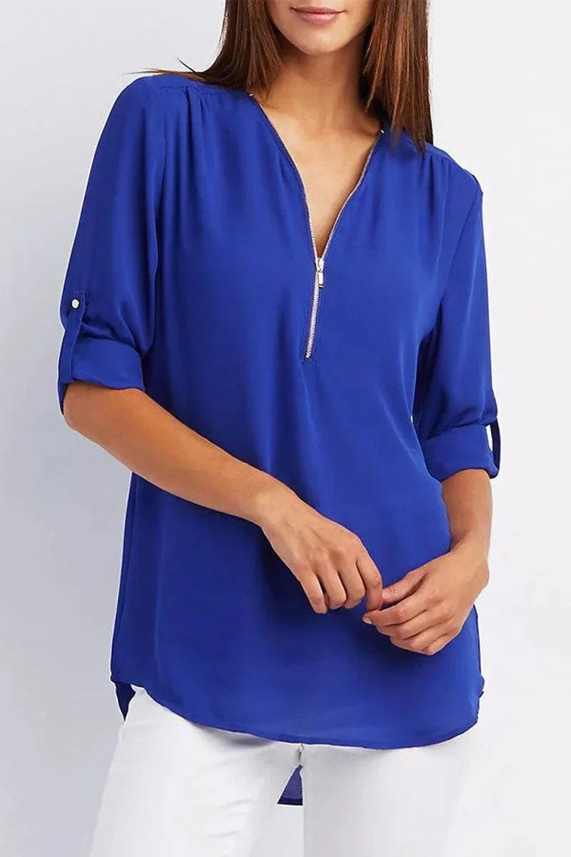 Top met diepe V-hals en halve rits – Elegant, Comfortabel en Veelzijdig
