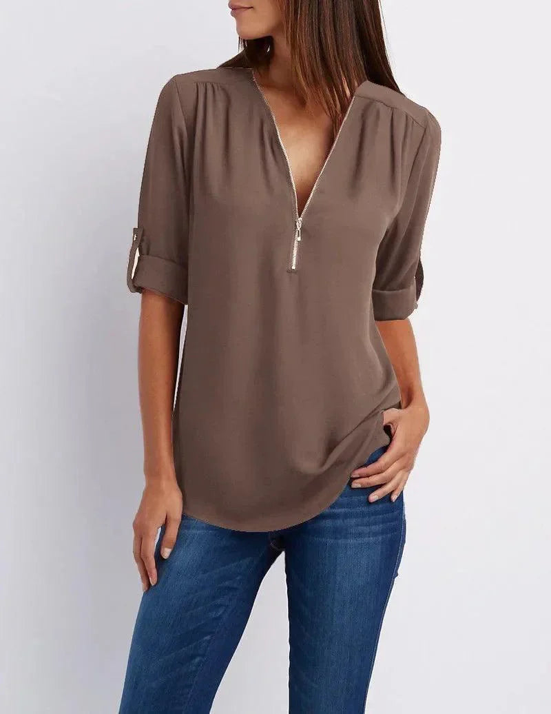Top met diepe V-hals en halve rits – Elegant, Comfortabel en Veelzijdig