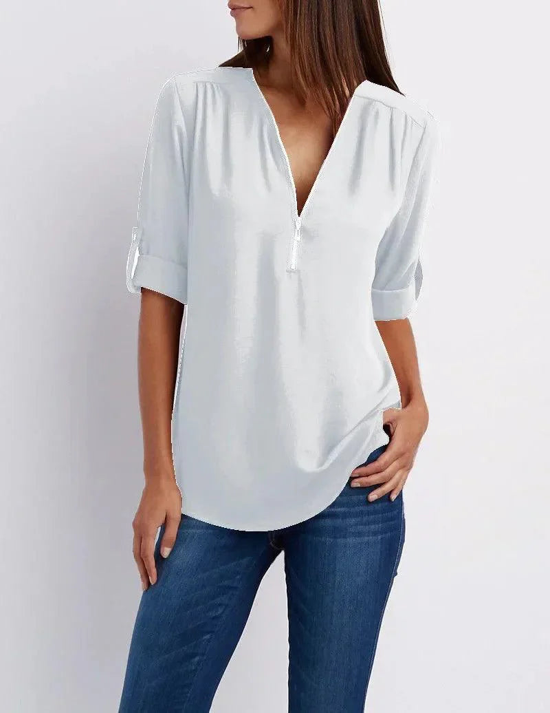 Top met diepe V-hals en halve rits – Elegant, Comfortabel en Veelzijdig