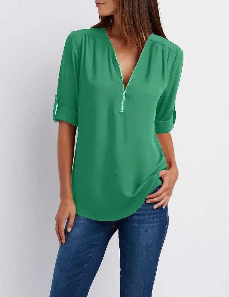 Top met diepe V-hals en halve rits – Elegant, Comfortabel en Veelzijdig