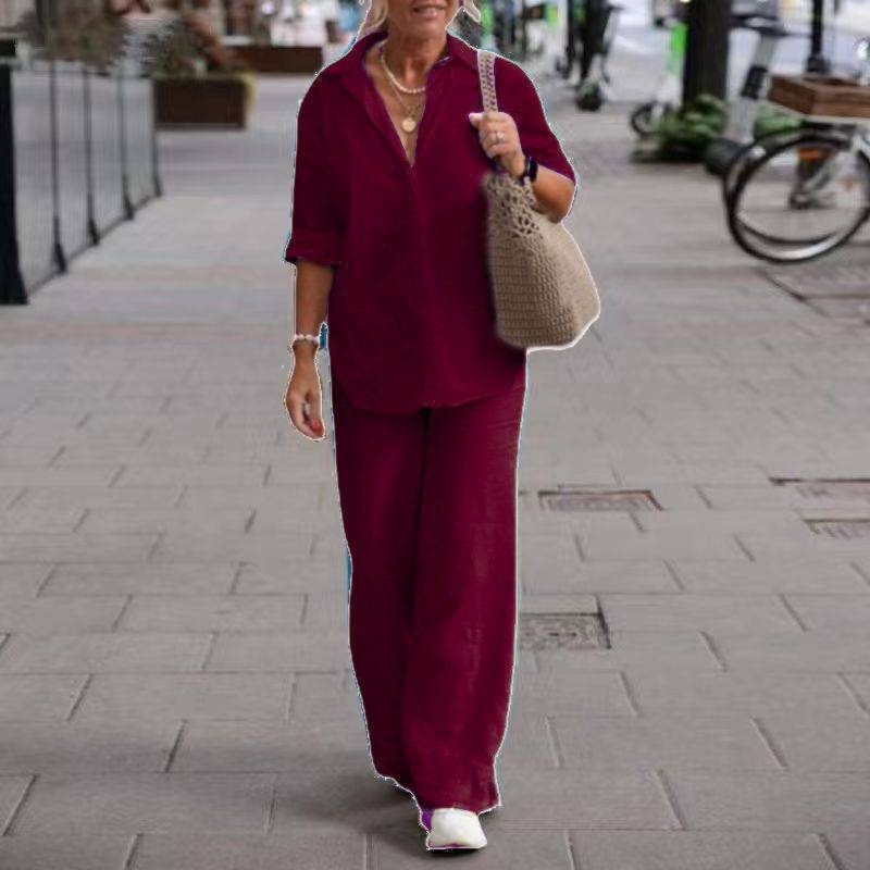 Dames 2-Delige Set met Effen Kleur Overhemd met Kraag en Wijde Broek – Casual Outfit met Lange Mouwen