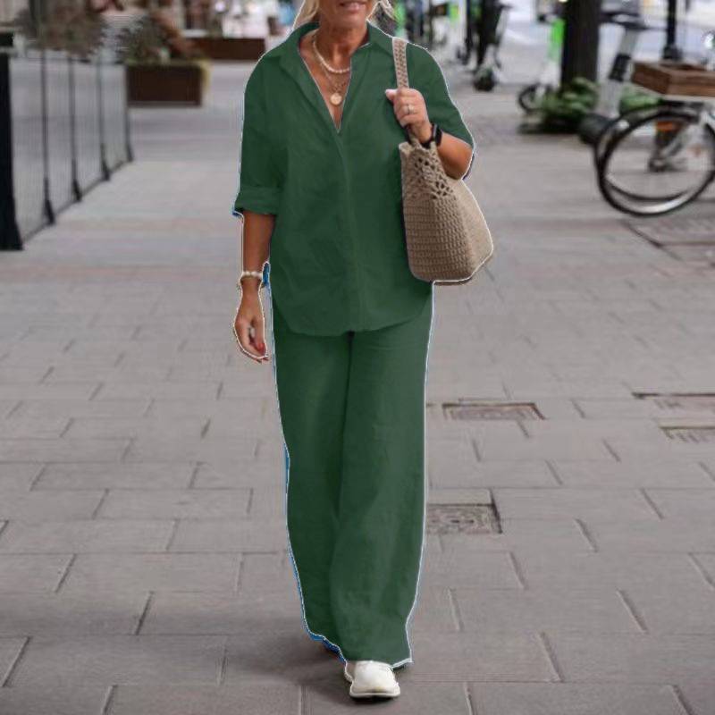 Dames 2-Delige Set met Effen Kleur Overhemd met Kraag en Wijde Broek – Casual Outfit met Lange Mouwen