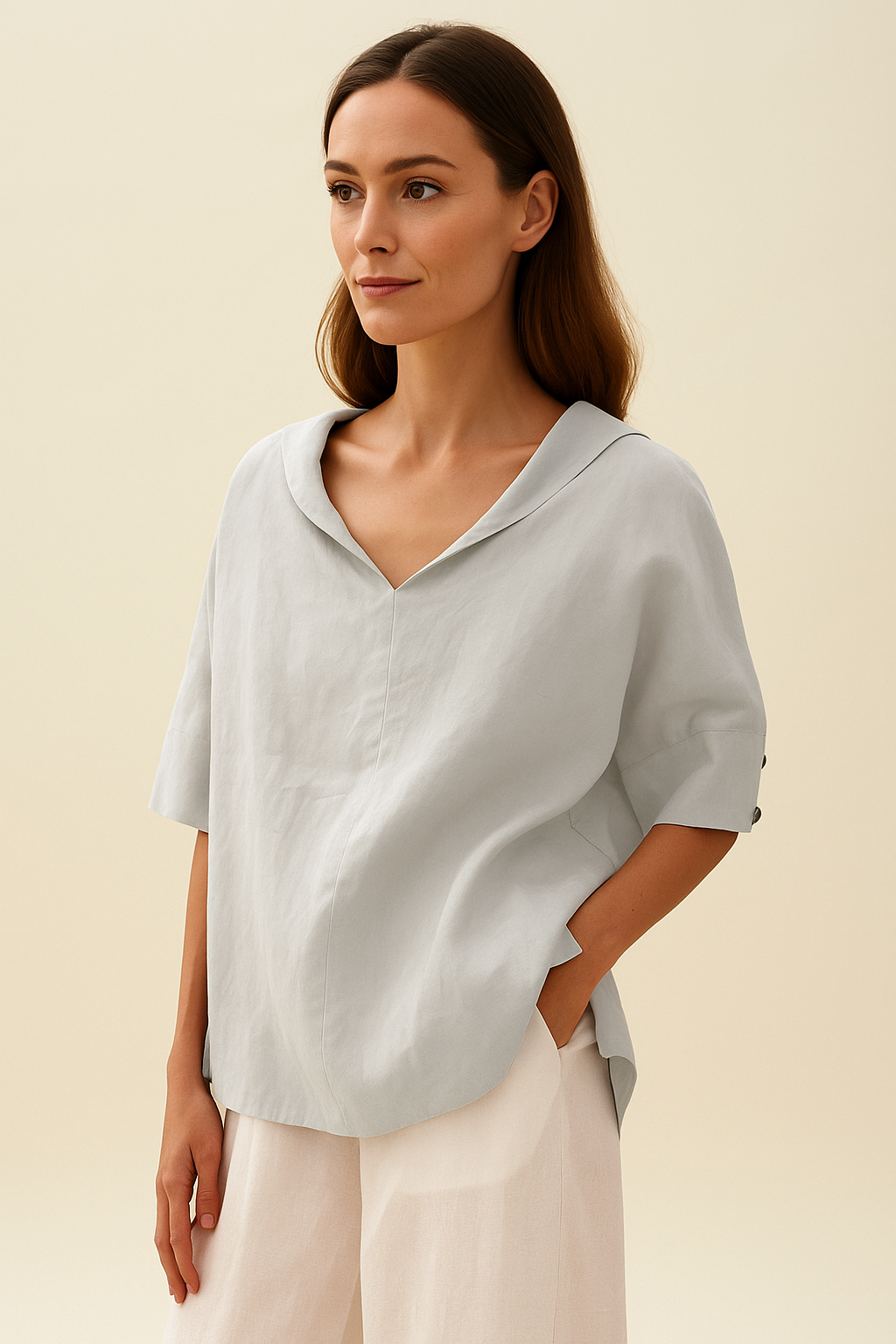Licht Linnen Shirt met Relaxte V-Hals – Ademend en Stijlvol voor Zomer en Lente