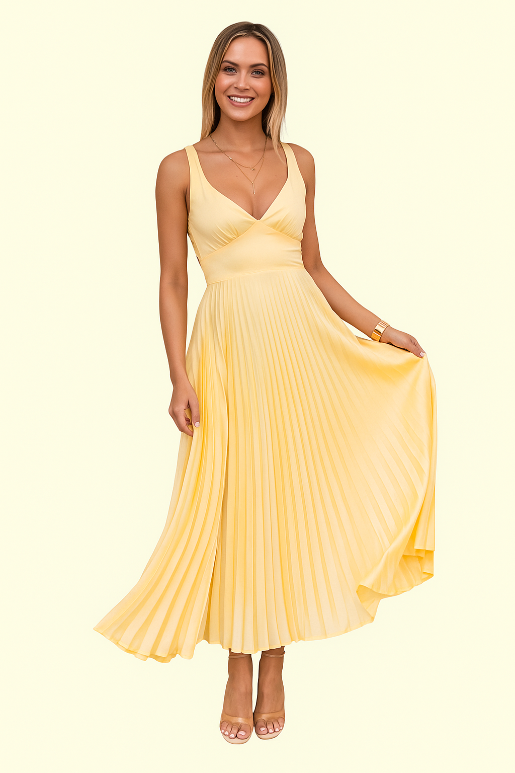 Gele geplooide V-hals maxi jurk - Elegante vloeiende zomerjurk voor vrouwen