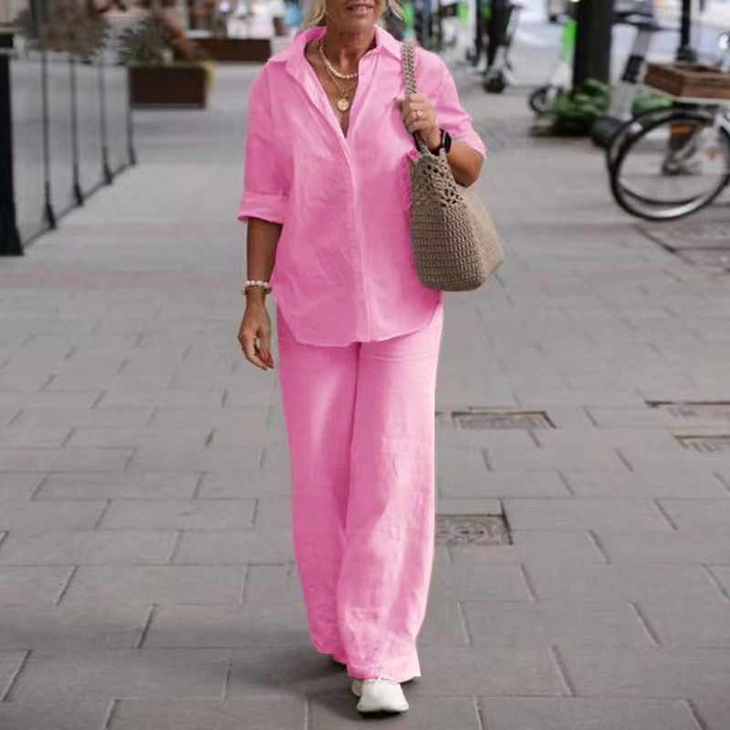 Dames 2-Delige Set met Effen Kleur Overhemd met Kraag en Wijde Broek – Casual Outfit met Lange Mouwen