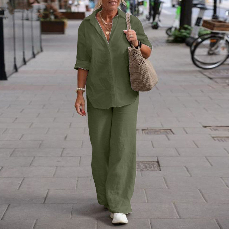 Dames 2-Delige Set met Effen Kleur Overhemd met Kraag en Wijde Broek – Casual Outfit met Lange Mouwen