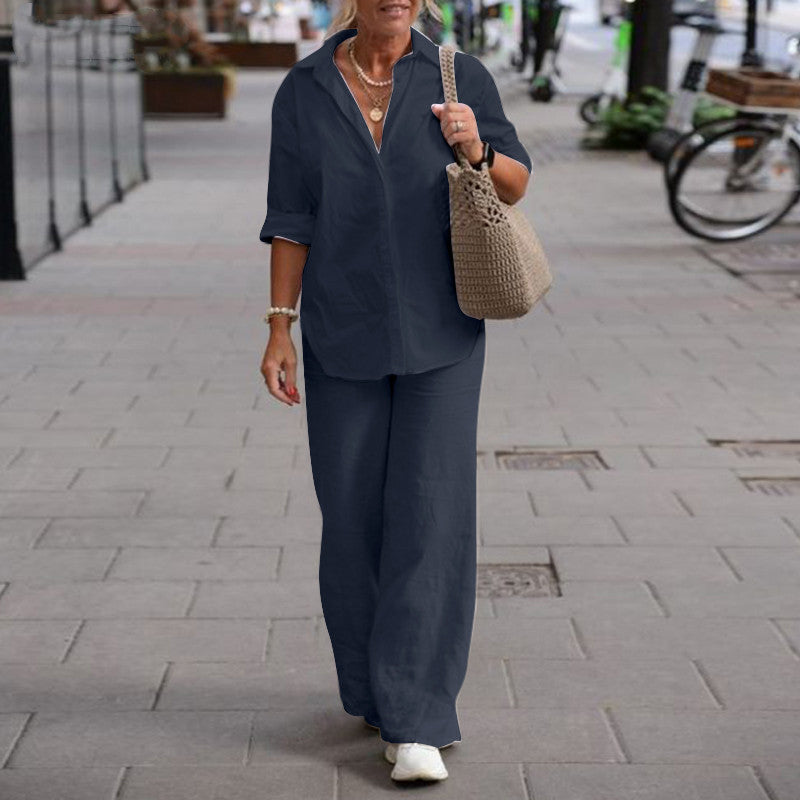 Dames 2-Delige Set met Effen Kleur Overhemd met Kraag en Wijde Broek – Casual Outfit met Lange Mouwen