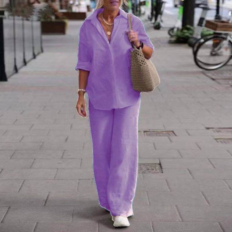 Dames 2-Delige Set met Effen Kleur Overhemd met Kraag en Wijde Broek – Casual Outfit met Lange Mouwen