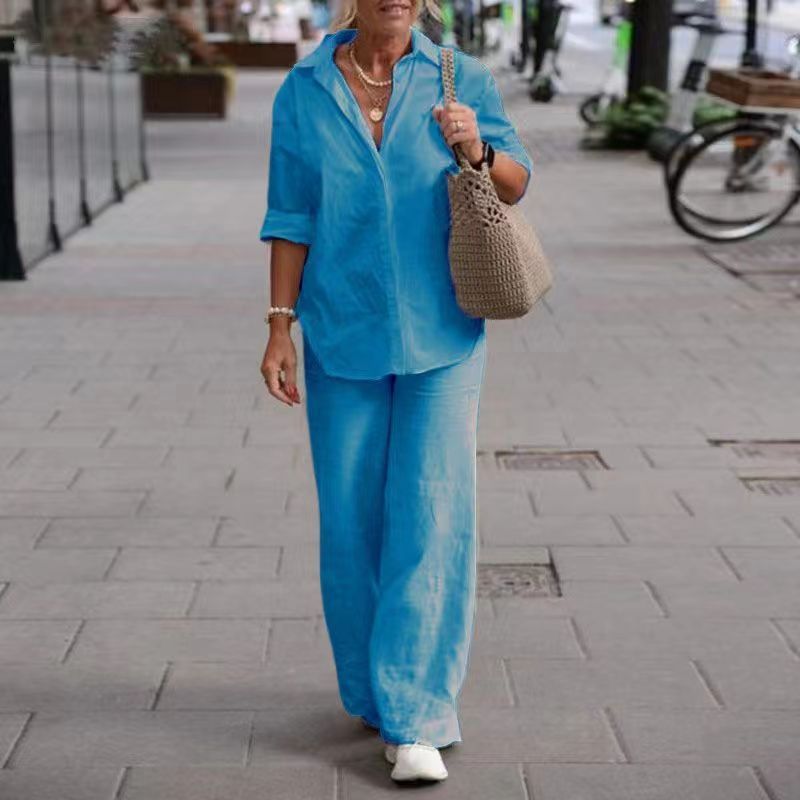 Dames 2-Delige Set met Effen Kleur Overhemd met Kraag en Wijde Broek – Casual Outfit met Lange Mouwen