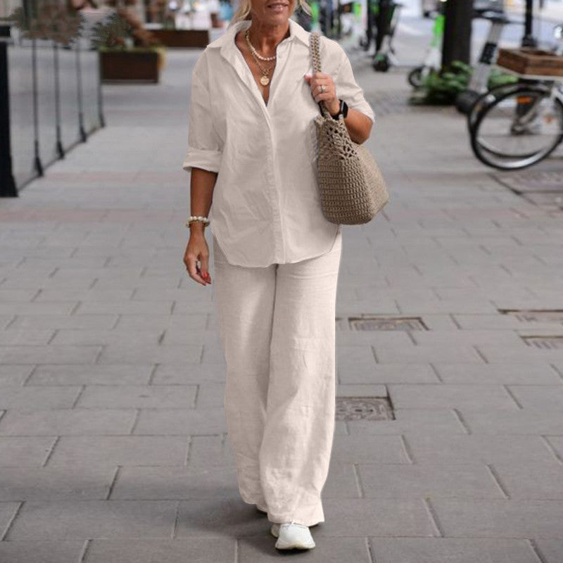 Dames 2-Delige Set met Effen Kleur Overhemd met Kraag en Wijde Broek – Casual Outfit met Lange Mouwen