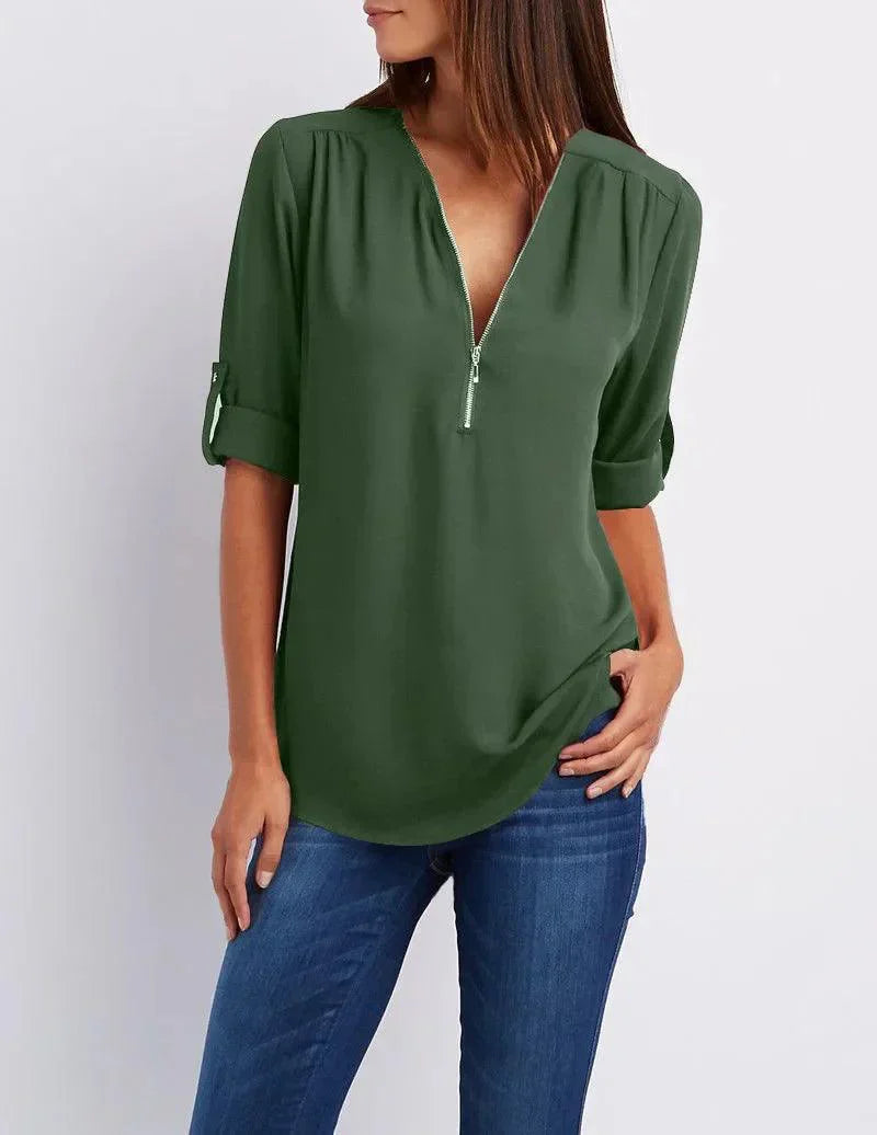 Top met diepe V-hals en halve rits – Elegant, Comfortabel en Veelzijdig