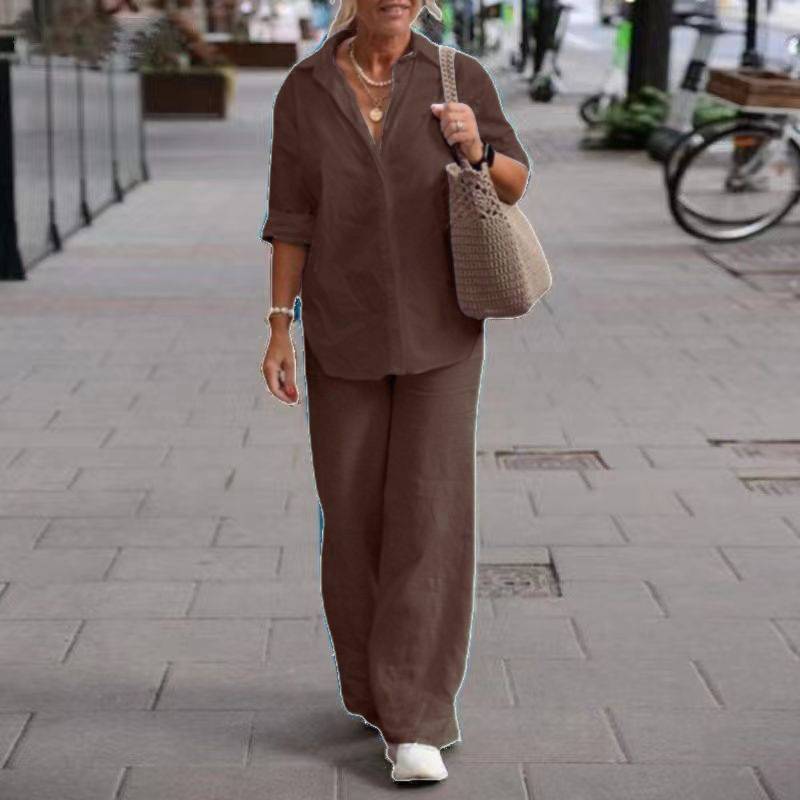 Dames 2-Delige Set met Effen Kleur Overhemd met Kraag en Wijde Broek – Casual Outfit met Lange Mouwen
